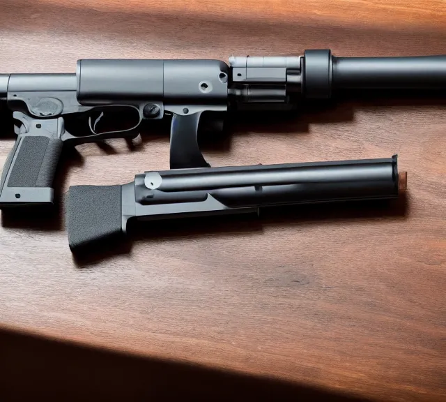 Prompt: a 4 k photorealistic photo product photo of a gun designed by apple inc.