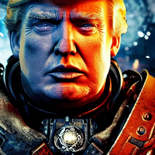 Image similar to Portrait of donald trump as the emperor of humanity from warhammer 40k in Gears of War, splash art, movie still, detailed face, photorealistic facial features, cinematic lighting, dramatic, octane render, long lens, shallow depth of field, bokeh, anamorphic lens flare, 8k, hyper detailed, 35mm film grain