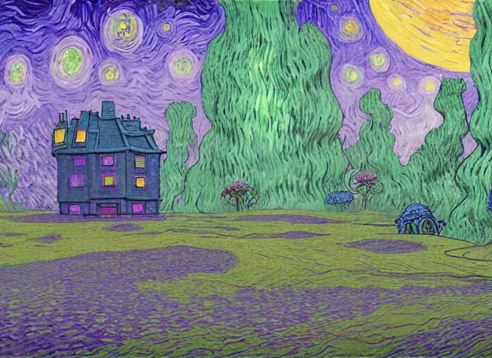 Image similar to detailed painting of a mysterious house inside a giant purple mushroom, mystical dark purple landscape at night, dark purple sky, blue bioluminescent life, in the style of moebius and studio ghibli and vincent van gogh and claude monet