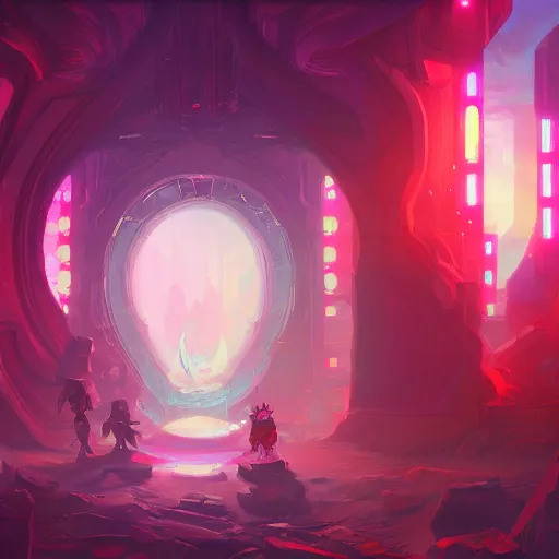 Prompt: psychedelic cyberpunk entrance to Mount Olympus, magical atmosphere, by Renato muccillo and Andreas Rocha and Johanna Rupprecht, trending on artstation, dofus colors, wakfu colors,