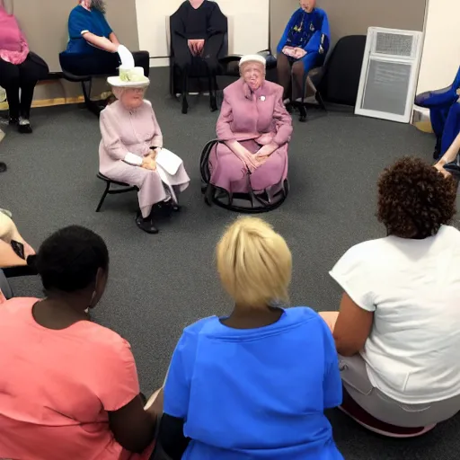 Prompt: royal queens sitting in a circle at the rehab clinic