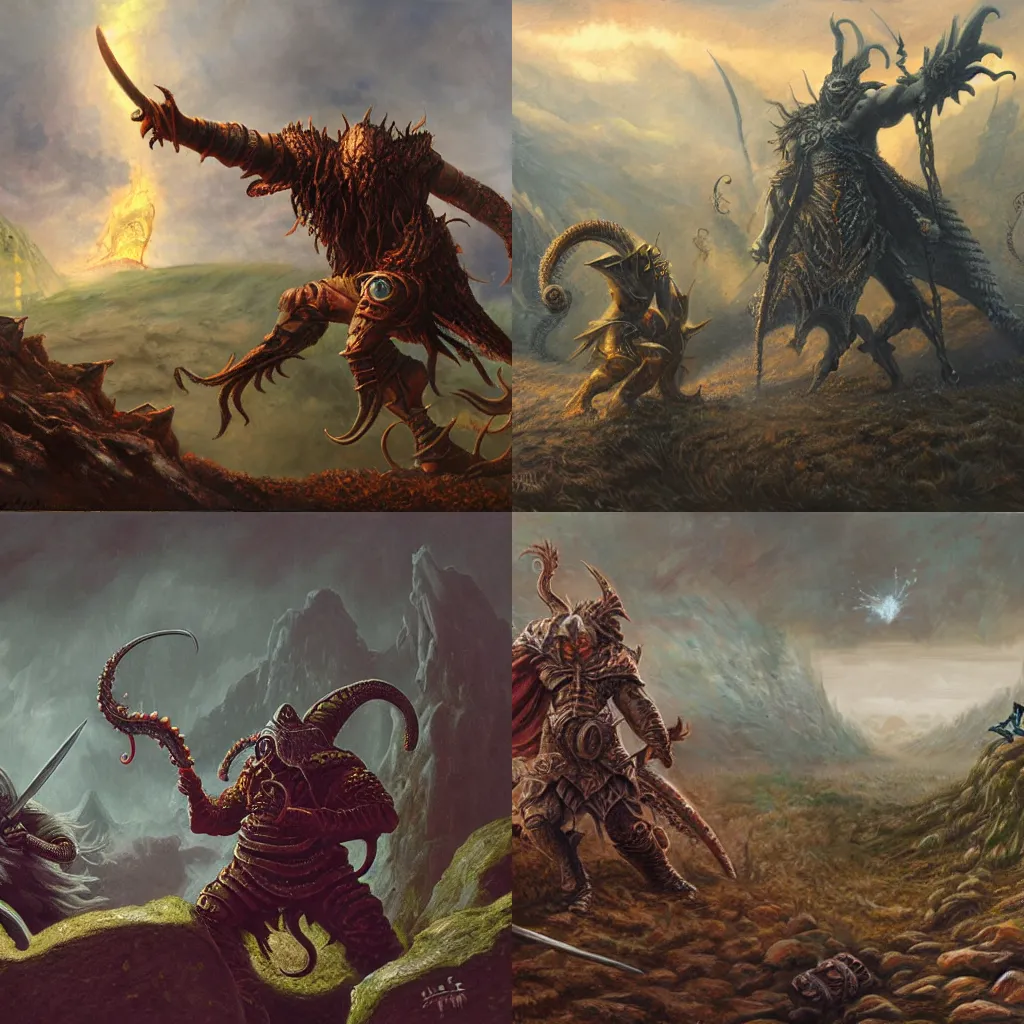 Prompt: cthulu fight vs warrior on hill, elden ring boss, matte painting, detailed, elden ring, oil on canvas