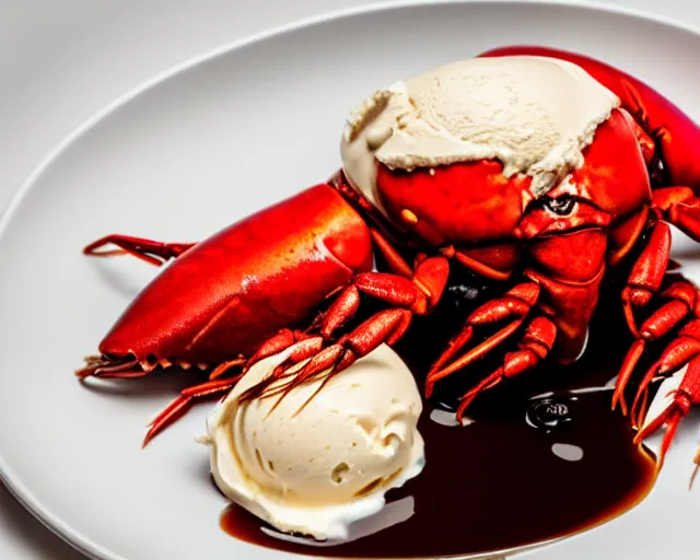 Prompt: dslr food photograph of a plate of vanilla ice cream and a crawfish, some chocolate sauce, 8 5 mm f 1. 4