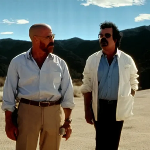 Image similar to walter white with pablo escobar talking about blue sky meth ( cinematic still frame shot, great detailed, good quality, greatly illustrated, uhd, studio lighting, 8 k, photo - realistic, hyperrealistic )