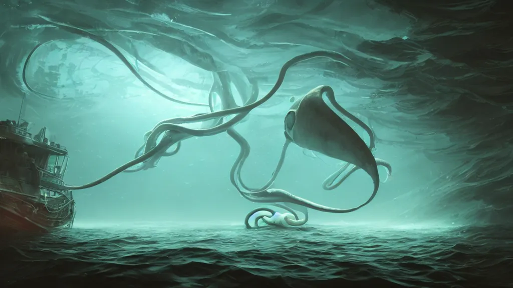 Image similar to a photorealistic hyperrealistic underwater render of a giant squid wraps it ’ s tentacles around a deep sea submersible with bright headlights by greg rutkowski, james paick, wlop, nicolas bouvier sparth, stephan martiniere, dramatic moody lighting, underwater caustics, volumetric, light rays, cinematic atmosphere, octane render, artstation, 8 k