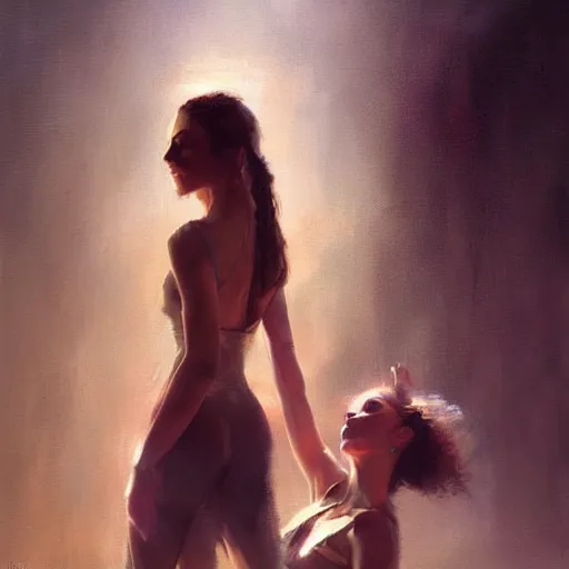 Image similar to oil painting dancer woman with dancer men, herb rose, by greg rutkowski, artstation