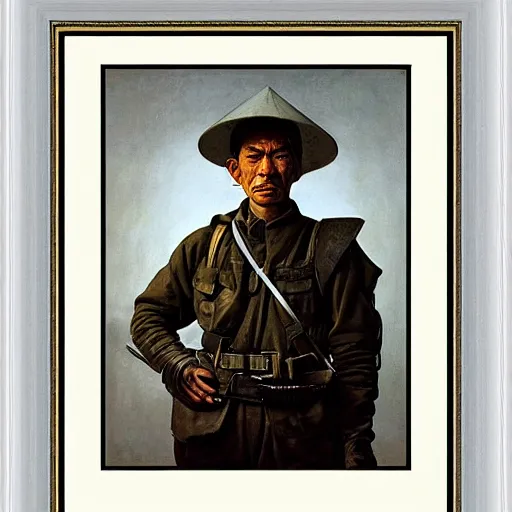 Prompt: portrait of a vietnam war soldier by caravaggio, posing, center framed, face, clair - obscur, highly detailed