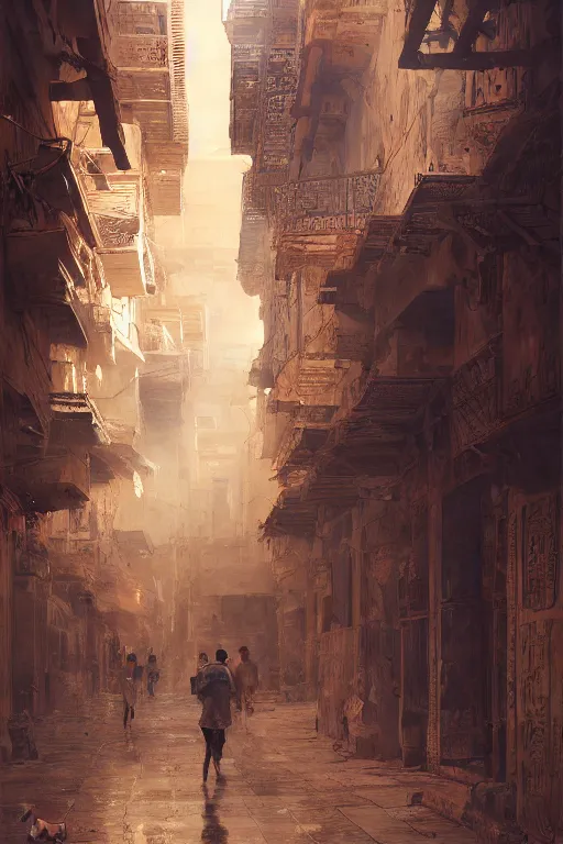 Image similar to the streets of old Cairo at the time of the pharaohs, intricate, elegant, volumetric lighting, digital painting, highly detailed, artstation, sharp focus, illustration, concept art, ruan jia, steve mccurry