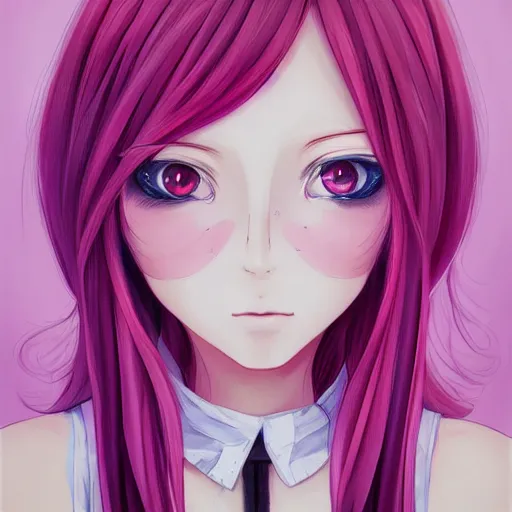 Prompt: beautiful portrait painting of an anime girl, cute, pink hair, symmetrical face, symmetrical eyes, two identical symmetrical eyes, portrait, beautiful girl, artstation, trending on artstation, gorgeous, smooth skin, cutie, long hair, fantasy style, pastel colors , forest background, FHD