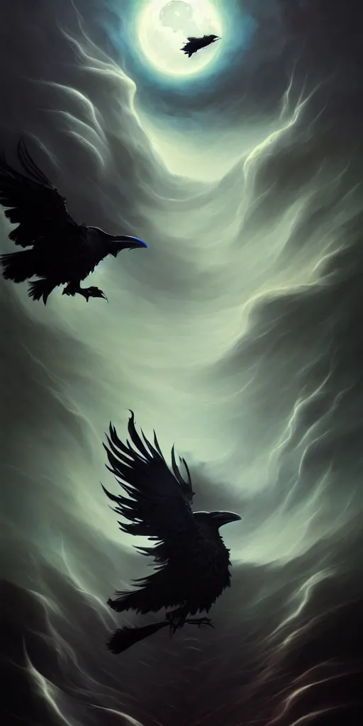 Prompt: ominous swirling ravens by peter mohrbacher and agostino arrivabene, vladimir kush, mysterious, dark fantasy art, swirling feathers, beautiful full moon, detailed thick black swirling volcano smoke tornado, particles, fire embers, artstation