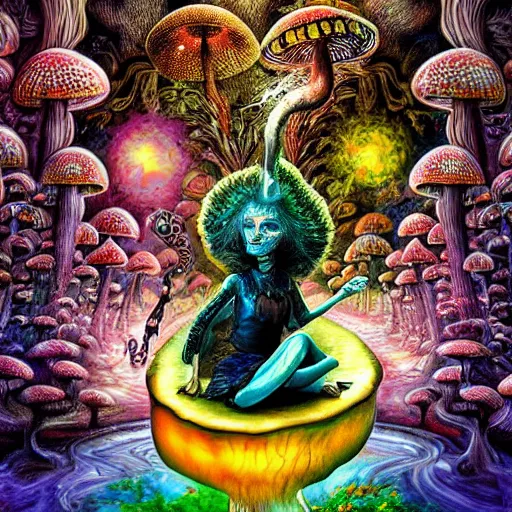 Prompt: dark fantasy, 4 k, textured 3 d, intense detail, psychedelic, alice in wonderland, smoking caterpillar sitting on large mushroom, amazing background, alex grey style