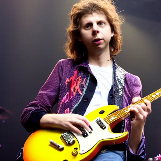 Prompt: michael cera playing guitar at an aerosmith concert, photo, detailed, 4 k