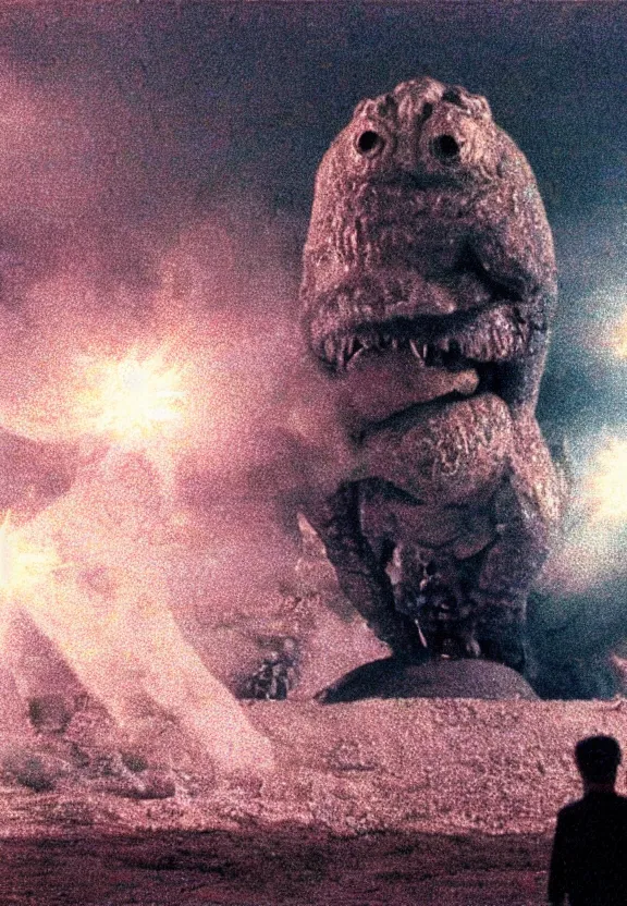 Image similar to Pulgasari the North Korean monster, volumetric lighting, filmstill, produced by Kim Jong-il, Kodachrome, kaiju-eiga, starfish monster movie, communist propaganda, film noir, 35mm film grain, Cooke Varotal 20-100mm T3.1