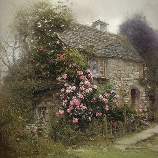 Prompt: (((((((victorian english cottage with a stone path and a flower garden))))))) . muted colors. by Jean-Baptiste Monge !!!!!!!!!!!!!!!!!!!!!!!!!!!!!!!!!!!!!!!!