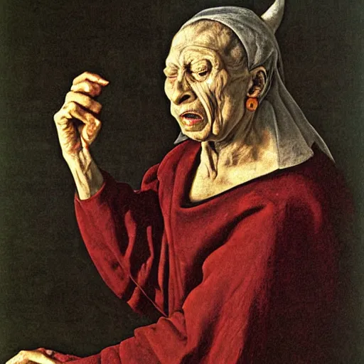 Image similar to an ugly very old woman, witch, angry, hate, mannerism, by Agnolo Bronzino