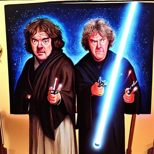 Prompt: “Jeremy Clarkson as a Sith dueling James may as a Jedi, with lightsabers, oil painting”