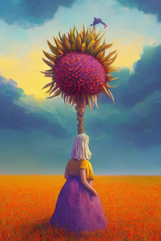 Image similar to giant corn flower head, girl walking on the moon, surreal photography, sunrise, dramatic light, impressionist painting, colorful clouds, digital painting, artstation, simon stalenhag