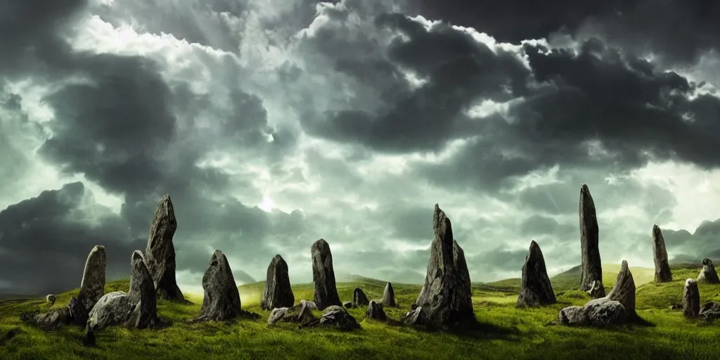 Image similar to fantasy landscape, ancient Ireland, standing stones, dramatic clouds, atmospheric, green hills, dinosaurs, ancient Irish hunters riding dinosaurs