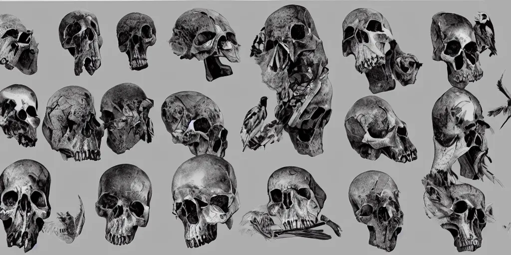 Prompt: photorealistic bird skulls, by katrina van grouw and bruce mahalski. occult photorealism, uhd