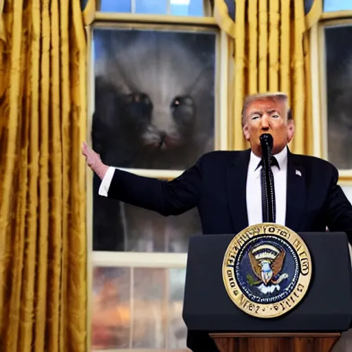 Image similar to president donald trump giving a speech to all the people of america but everyones a cat