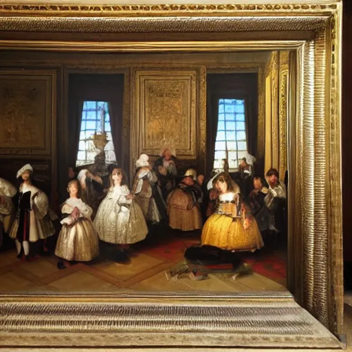 Image similar to oil canva family portrait in the main room of the castle painted in 1 6 5 6 inspired by las meninas, spaces between subjects and good detail and realistic faces by diego velasquez better quiality