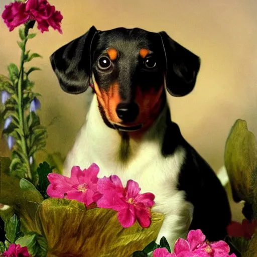 Image similar to Dachshund dog sitting in flowers, highly detailed photo in the style of Franz Xaver Winterhalter and Aetherpunk