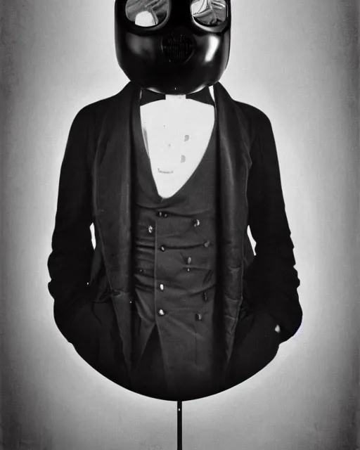 Prompt: retro photo portraits of a anthropomorphic-robot cyber-face techno mask in black tie suit by Louis Daguerre