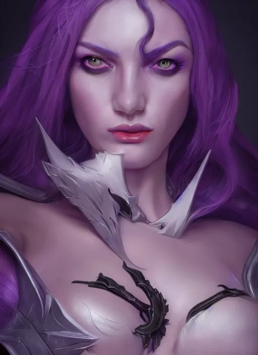 Prompt: morgana, from league of legends, au naturel, hyper detailed, purple skin, digital art, trending in artstation, cinematic lighting, studio quality, smooth render, unreal engine 5 rendered, octane rendered, art style by klimt and nixeu and ian sprigger and wlop and krenz cushart