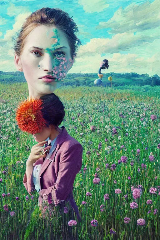 Prompt: portrait, huge thistle flowers under head, a girl in suit in field of flowers, surreal photography, sunrise, blue sky, dramatic light, impressionist painting, digital painting, artstation, simon stalenhag