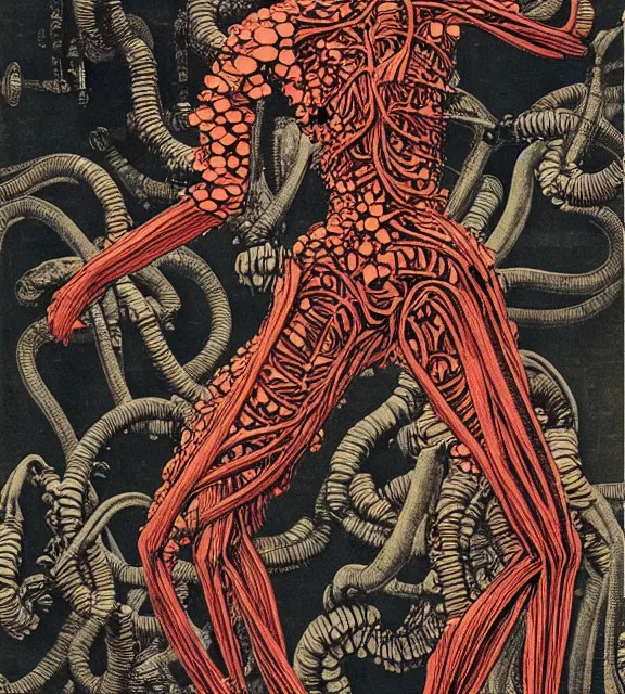 Prompt: still frame from Prometheus by giger by utagawa kuniyoshi, crimson filament mycelium cybernetic harvest goddess in dress designed by Neri Oxman and alexander mcqueen, metal couture haute couture editorial