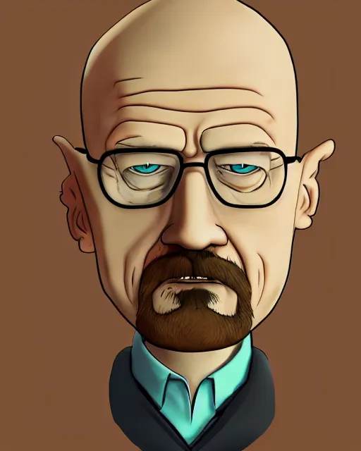 Image similar to portrait of walter white in the style of justin roiland. heisenberg from breaking bad. cinematic lighting. style of rick & morty. photographic, photography. by justin roiland