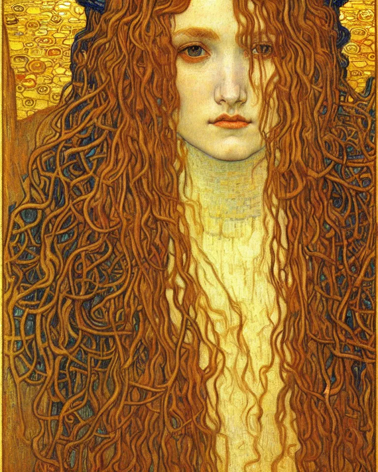 Image similar to detailed realistic beautiful young medieval queen face portrait by jean delville, gustav klimt and vincent van gogh, art nouveau, symbolist, visionary, gothic, pre - raphaelite, muted earthy colors, desaturated