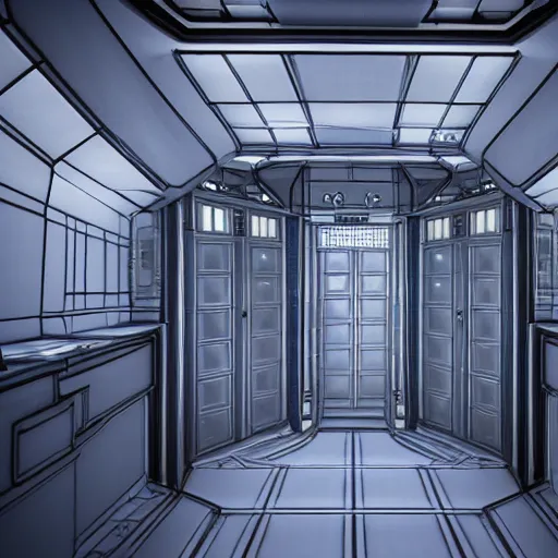 Image similar to the inside of the TARDIS, console and interior, art deco, 3d render, hyper realistic, unreal engine, detailed