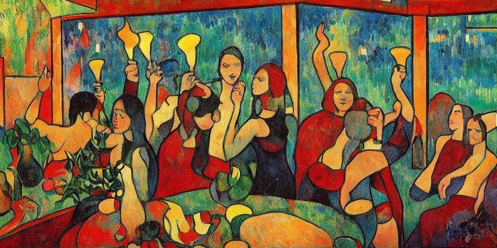 Image similar to a party at midnight, modern indoors, bay area, candles, hot tub, friendship, hope, art by paul gaugin