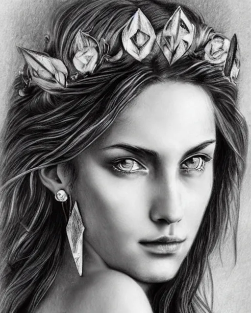 Image similar to pencil drawing of a beautiful greek goddess aphrodite wearing a laurel wreath and arrowhead earrings, beautiful confident and piercing eyes, beautiful flowing hair, hyper realistic face, in the style of greg rutkowski, fantasy, amazing detail, epic, elegant, smooth, sharp focus, from the front