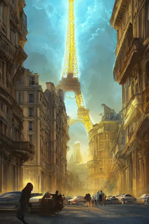 Prompt: paris in the future, ultradetailed, volumetric lighting, digital painting, concept art, illustration, limited color palette, art by greg olsen and liz lemon swindle