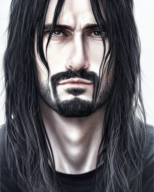 Prompt: portrait of tall, 3 3 - year - old handsome man with long black hair, and grey eyes, wearing black clothes, hyper realistic face, beautiful eyes, character art, art by mark brooks, hyperdetailed, cryengine, trending on artstation, digital art