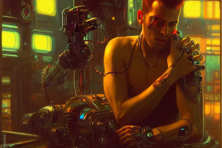 Image similar to cyberpunk style, attractive male with tattoo, robotic arm, neon lights, cool tint, painting by gaston bussiere, craig mullins, j. c. leyendecker, tom of finland