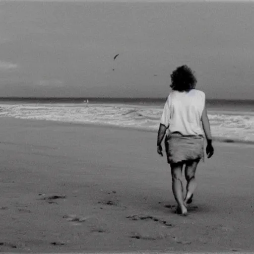 Prompt: Barbara Schöneberger, 1990, walking on the beach. Award-winning photograph.