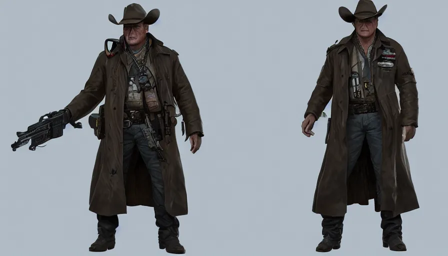 Prompt: John Wayne as a bounty hunter in trench coat, hyperdetailed, artstation, cgsociety, 8k