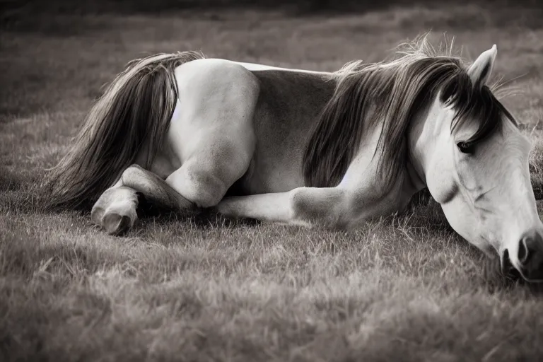 Prompt: Rainbow-Dash, Horse laying down, Professional equine photography with mood lighting, Equestria