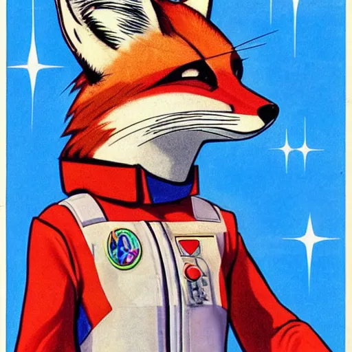 Image similar to 1 9 8 0 s video game art of fox mccloud from starfox in a space cadet uniform, propaganda poster, realistic