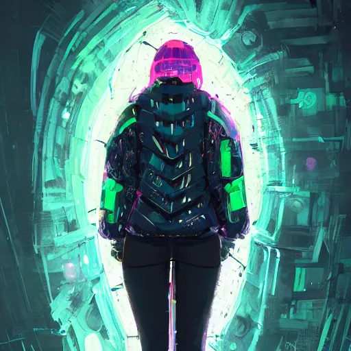 Image similar to skill magic deepdream guard girl cyberpunk futuristic, reflective puffer jacket, black leggings from the back radiating a glowing aura by ismail inceoglu dragan bibin hans thoma, perfect face, fine details, realistic shaded, fine - face, pretty face