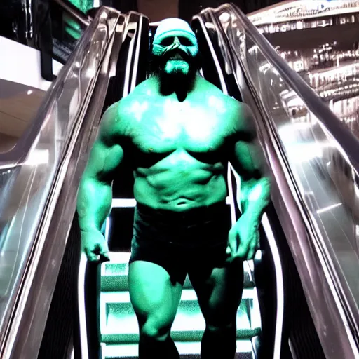 Image similar to bioluminescent hulk hogan in the darkness on an escalator