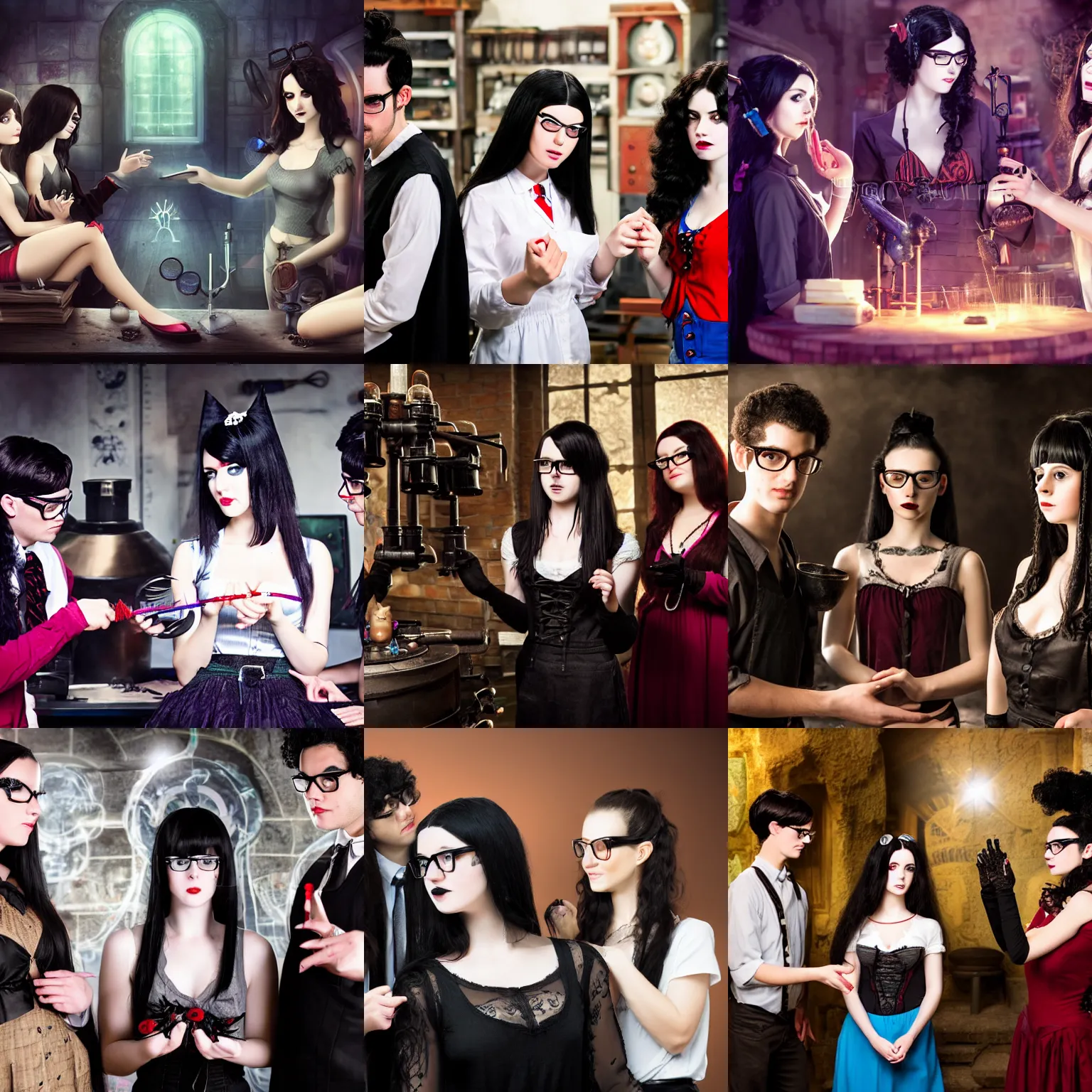 Prompt: Three friends working in a magic laboratory, one of the friends is a young man with black hair and round glasses, the second friend is a beautiful young woman with brunette hair, the third friend is a cute goth girl with red hair without glasses, wide angle photography, highly detailed and intricate, magical lab setting, high resolution photograph