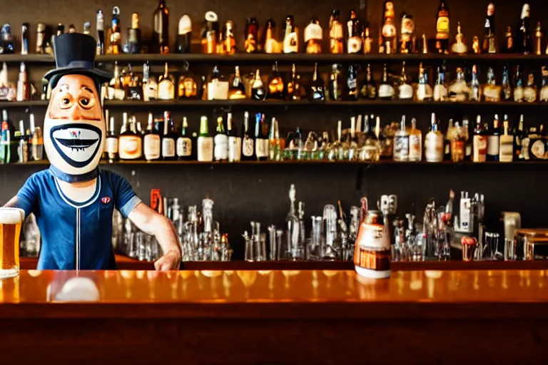 Image similar to a anthropomorphic bottle of beer, customer, stands in front of a bar waiting to be served by the bartender