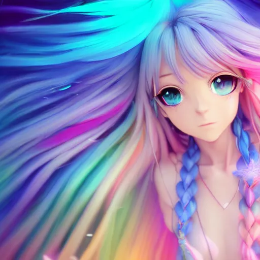 Prompt: pastel render as a very beautiful 3d anime girl, long braided rainbow hair, azure blue eyes, full round face, short smile, casual clothes, serene beach setting, cinematic lightning, medium shot, mid-shot, highly detailed, trending on Artstation, Unreal Engine 4k, cinematic wallpaper