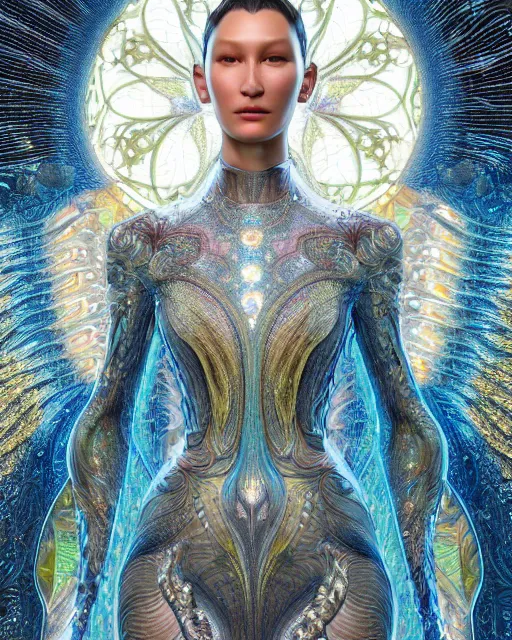 Image similar to a highly detailed metahuman 8 k close up render of bella hadid as alex grey art renaissance in iris van herpen dress schiaparelli in diamonds crystals swarovski and jewelry iridescent in style of alphonse mucha gustav klimt trending on artstation made in unreal engine 4