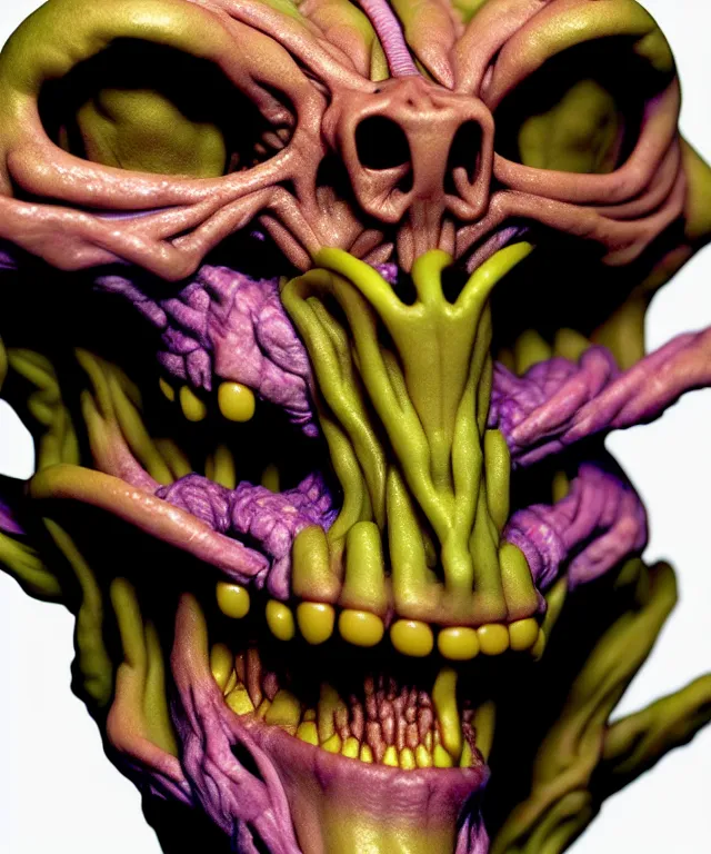 Image similar to hyperrealistic rendering, cronenberg flesh monster skeletor by art of skinner and richard corben and jeff easley, product photography, action figure, sofubi, studio lighting, colored gels