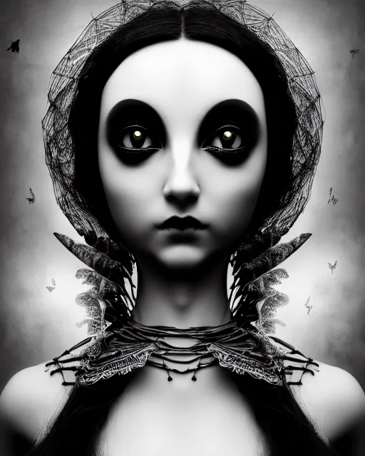 Image similar to surreal mythical dreamy dark artistic black and white fine art 3 / 4 fashion portrait photo of a young beautiful delicate female robot - witch - owl with orchid - doll face, rim light, cinematic, studio dramatic light, poetic, masterpiece, octane render, 8 k, photo - realistic by gustave dore dora maar